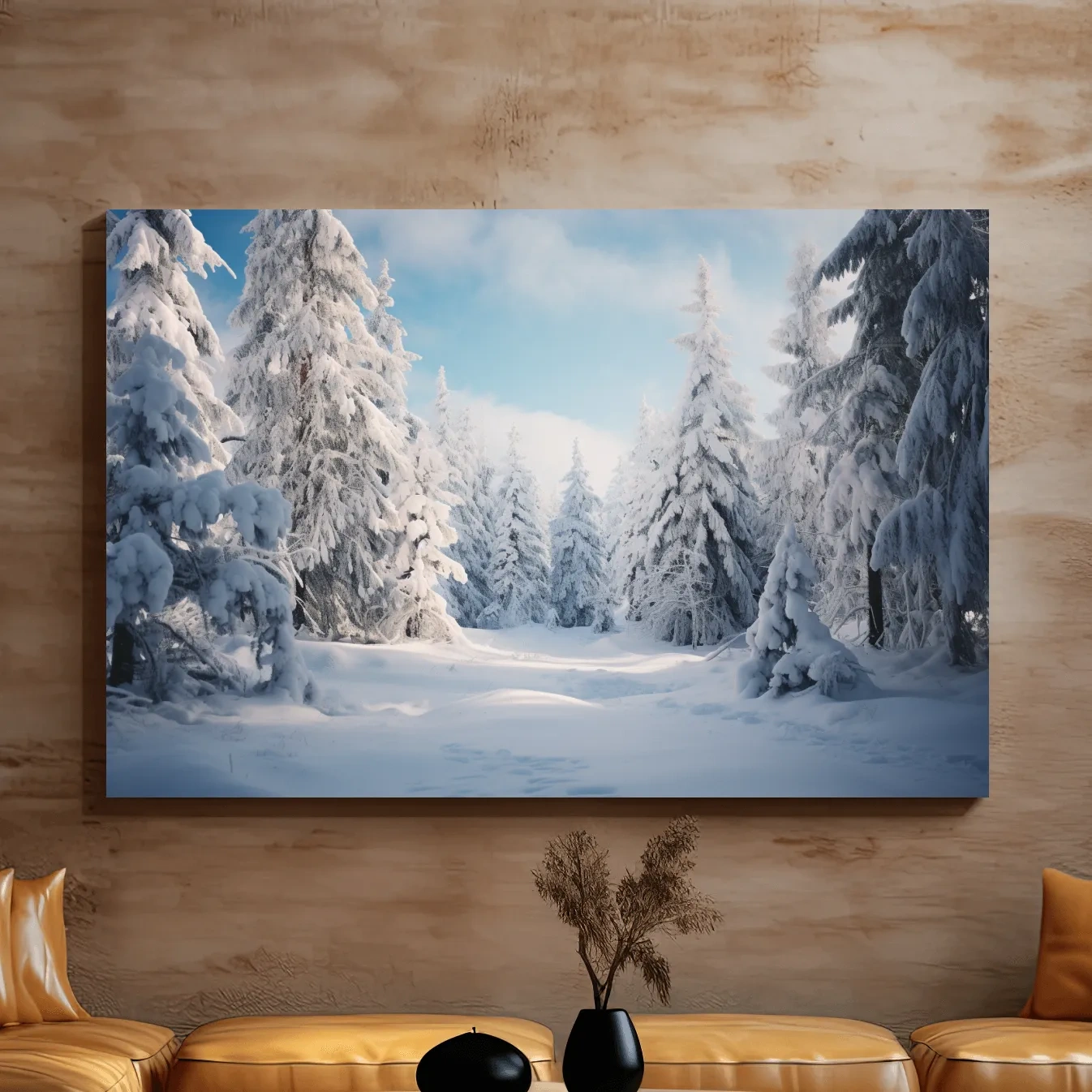 Photographic art, snow covered hemlock trees