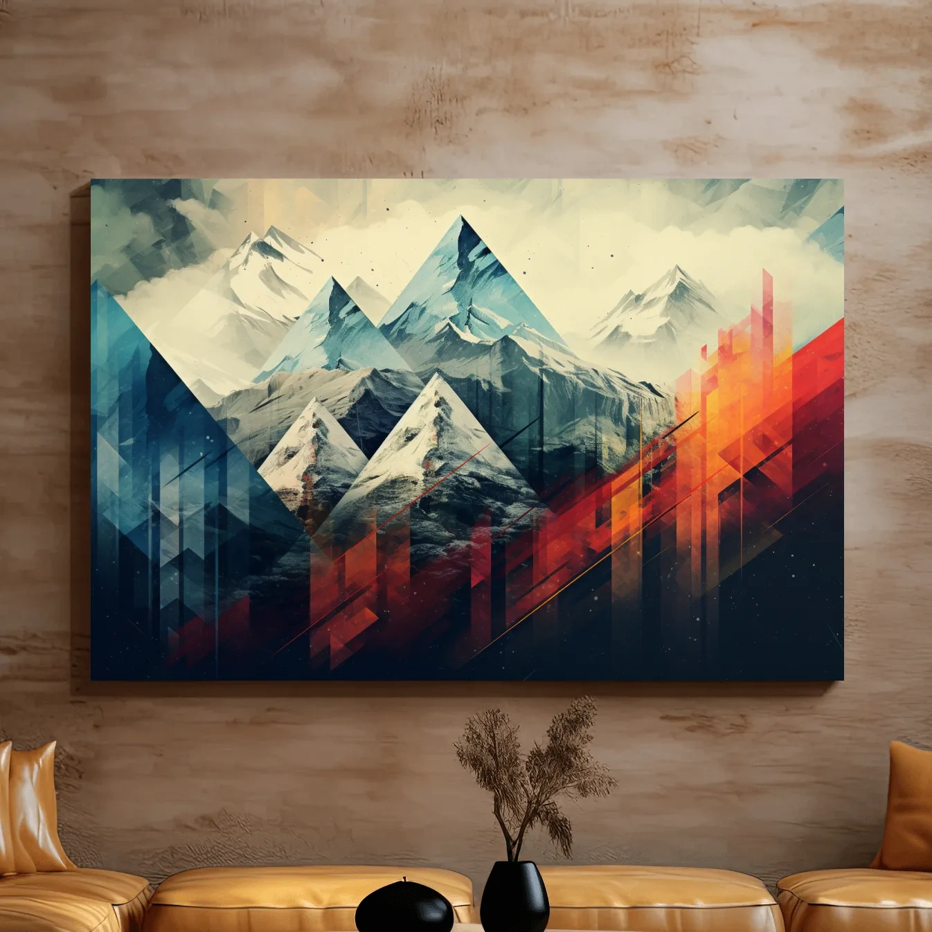 Colourful mountain art, bold geometric shapes