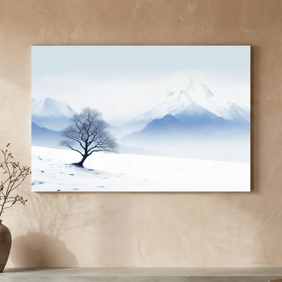 Minimalist Snowy Mountain Landscape With Lone Tree - Serene Winter Painting Wall Art