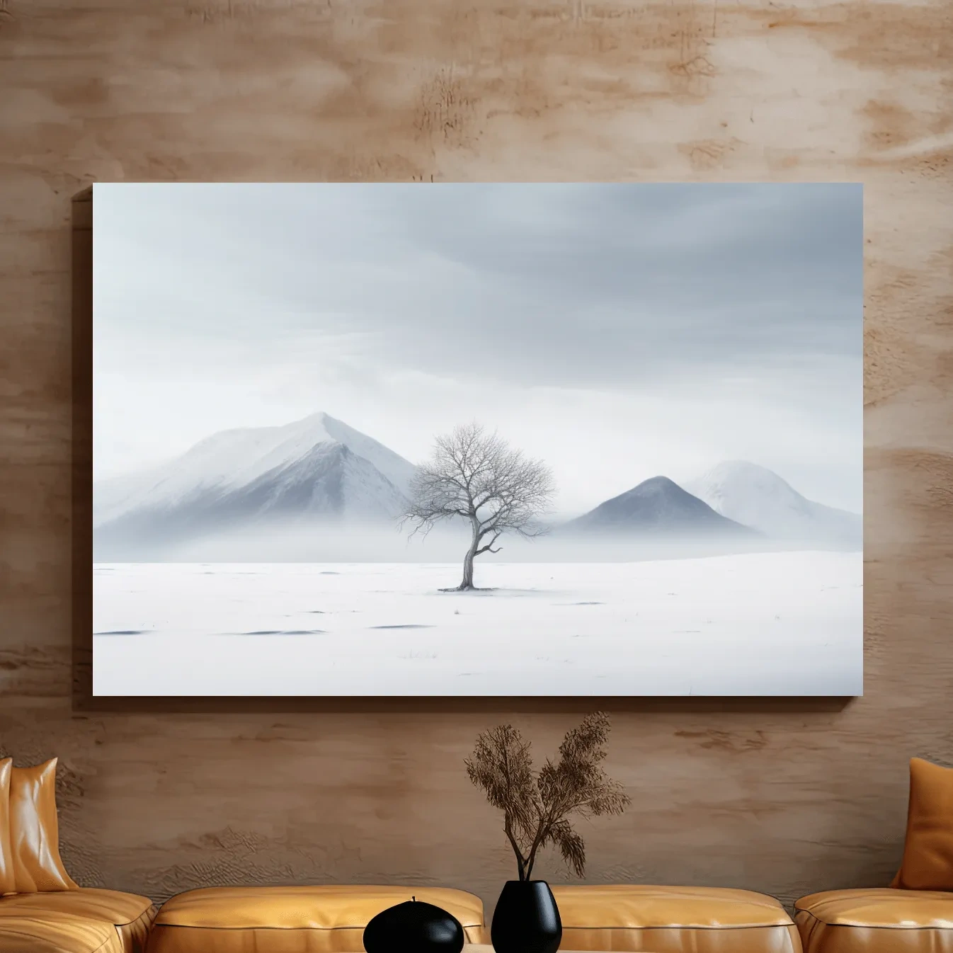 Minimal art, painting of a tree in the snow