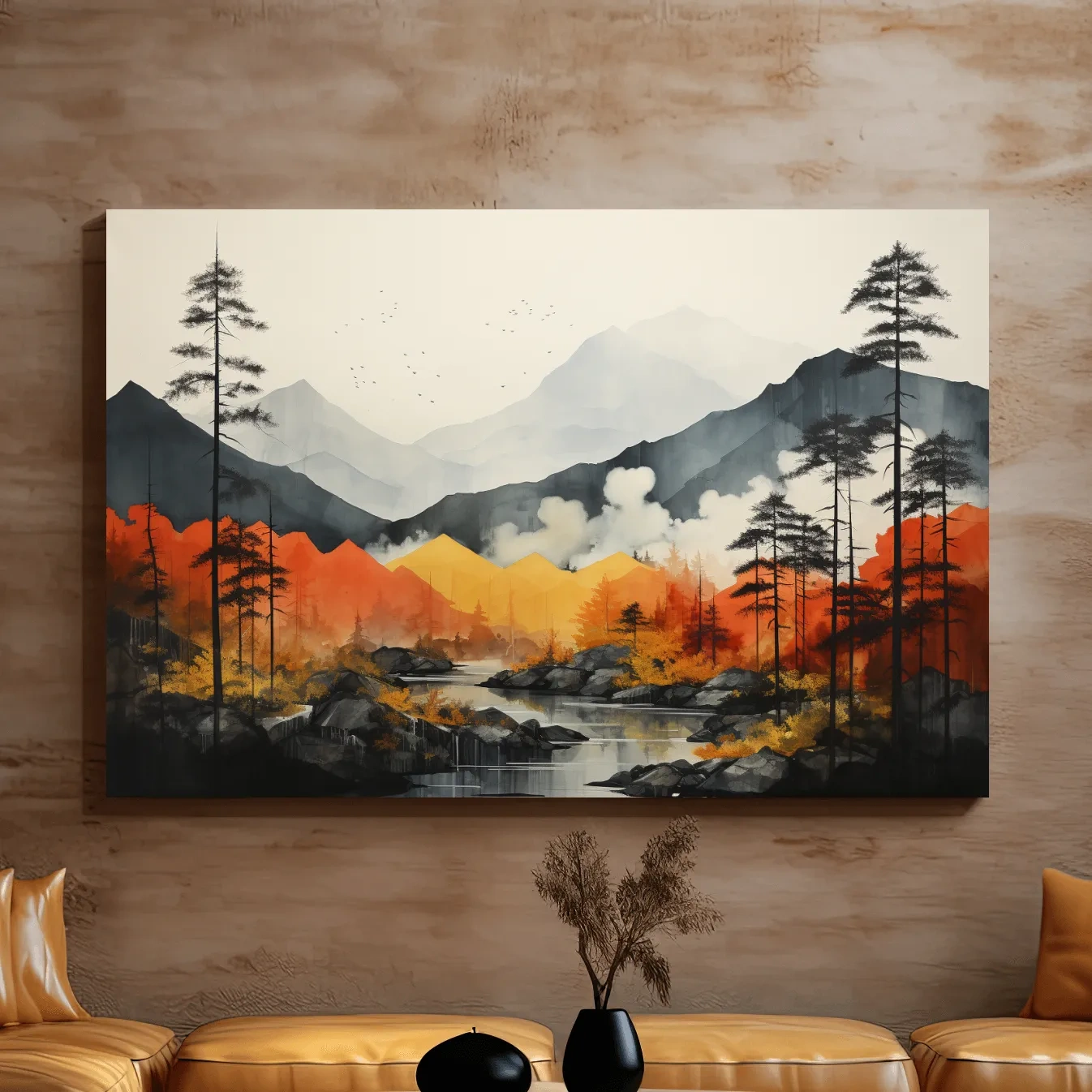 Surreal watercolour painting, colorful mountain scenery