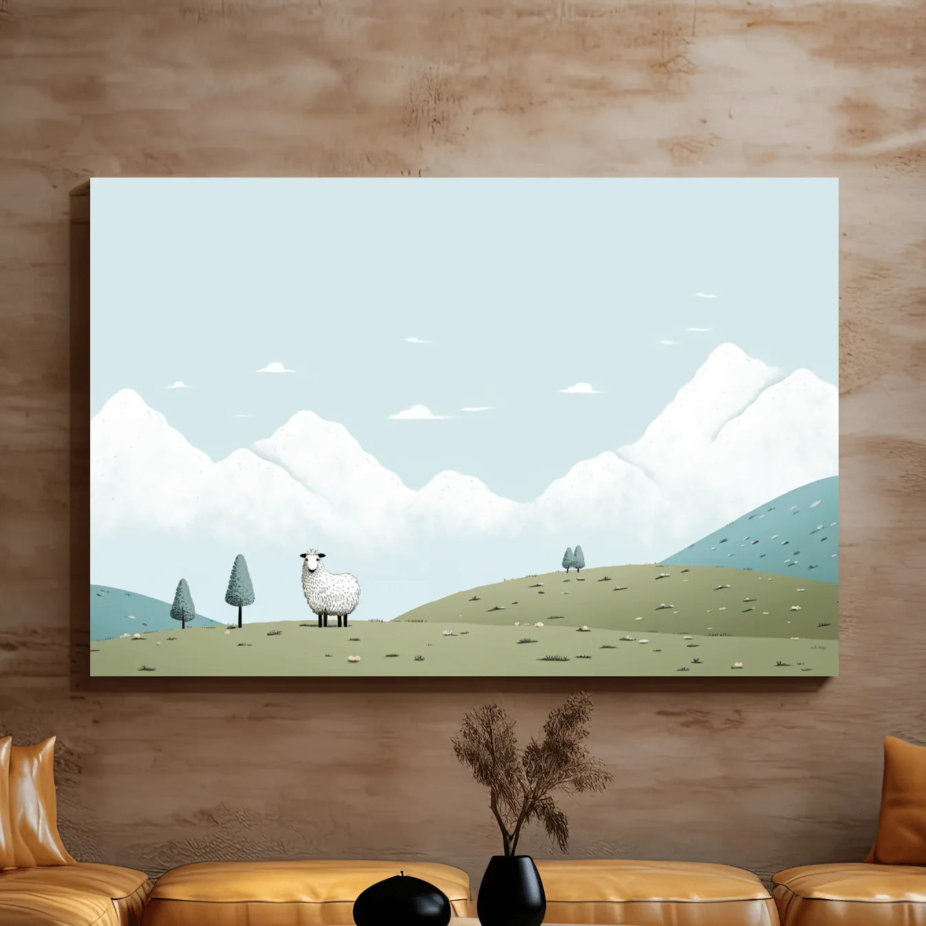 Illustration of a sheep in an alpine landscape