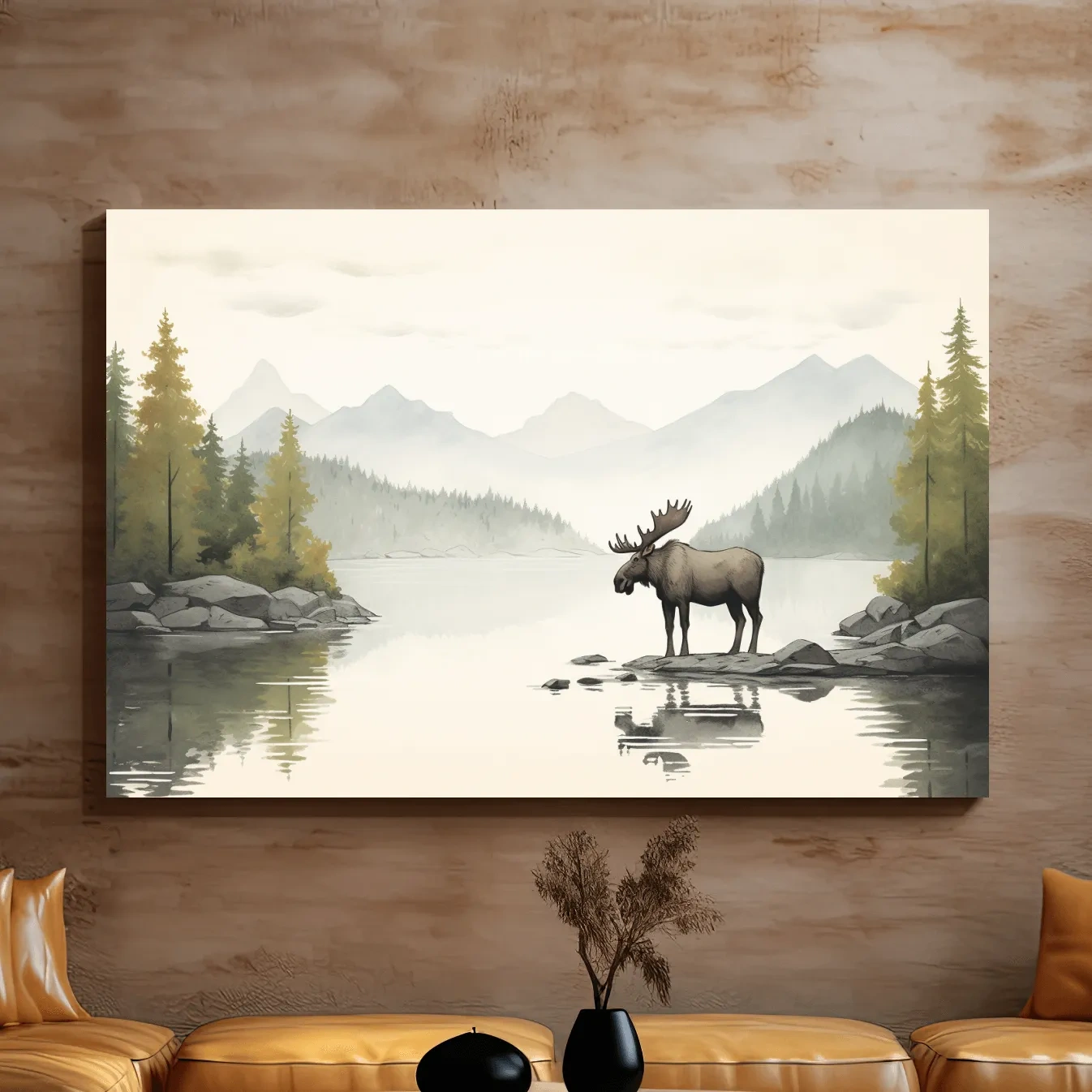 Watercolor Moose By Misty Lake - Mountain Wilderness Nursery Wall Art