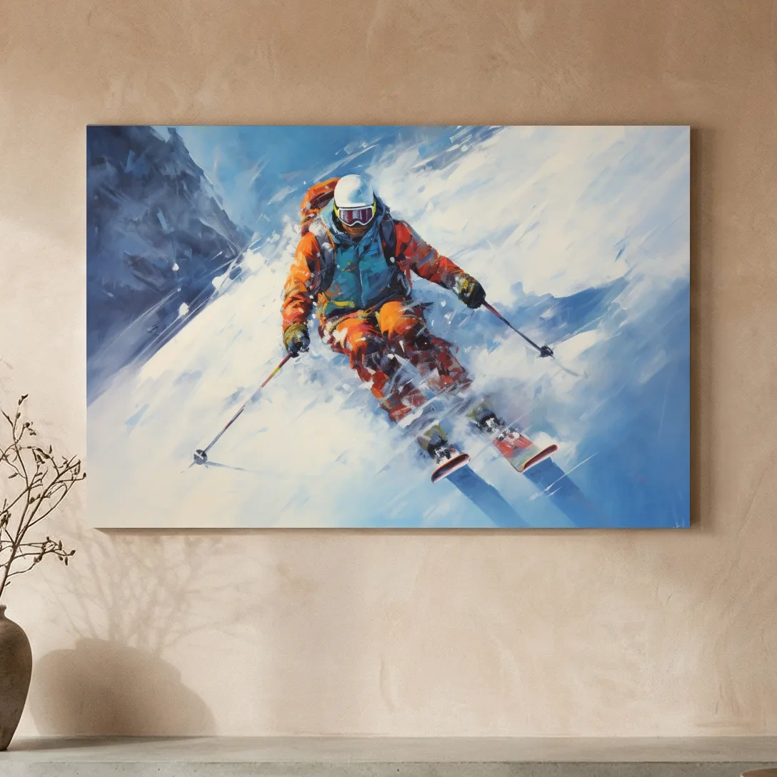 Dynamic Downhill Skier Painting - Snowy Alpine Adventure Wall Art