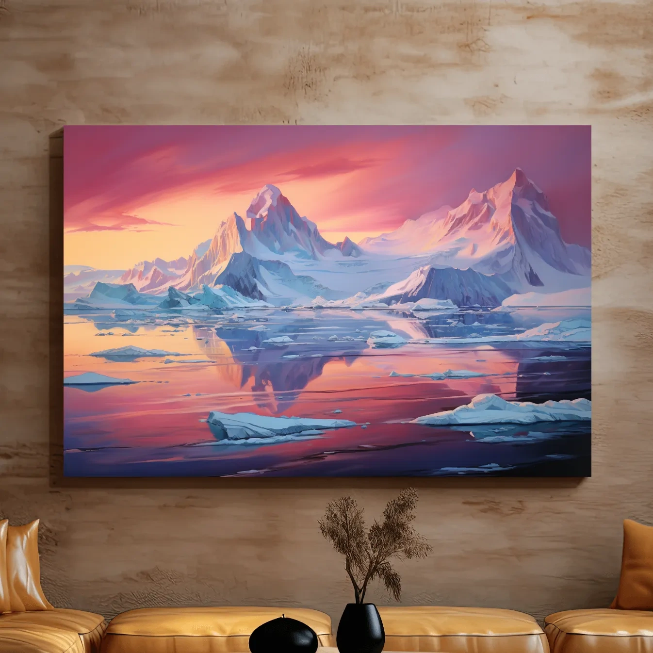 Painting of a sunset over the antarctic glacier