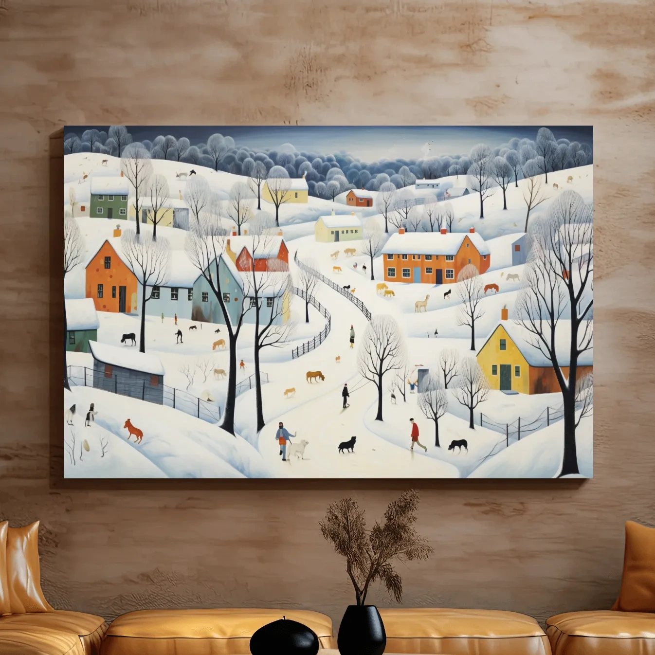 Quirky painting of a mountain village in the snow