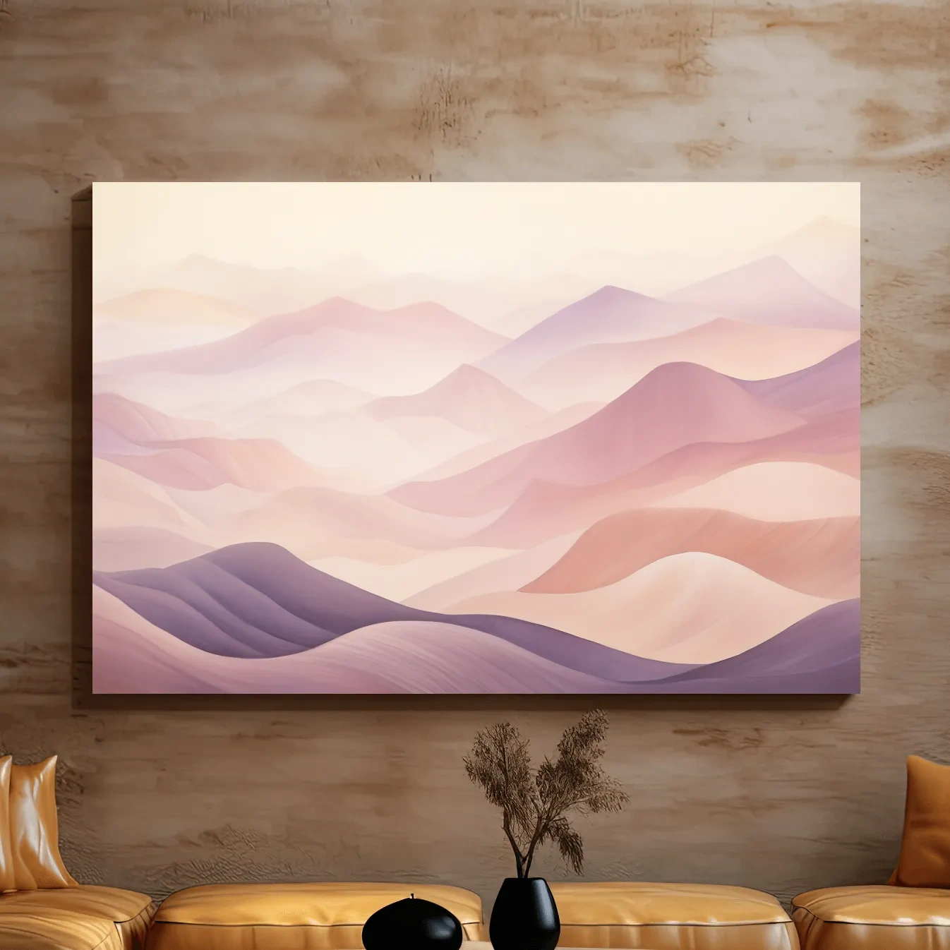 Soft and subtle purple pastel mountains in the fog artwork
