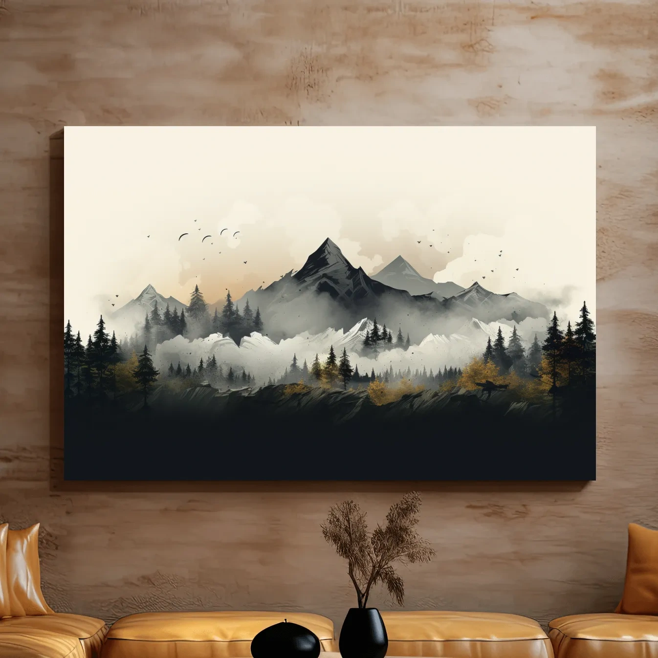 Illustration of treelined mountains
