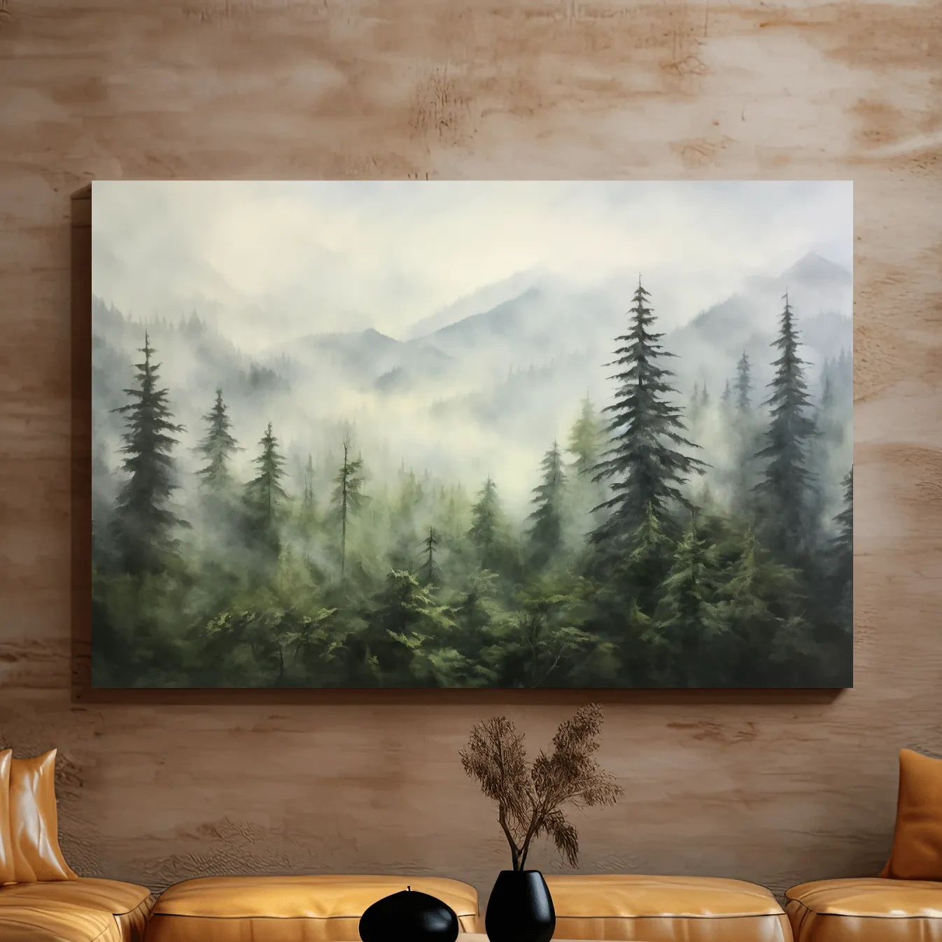 Painting of fog rolling through the trees and mountains