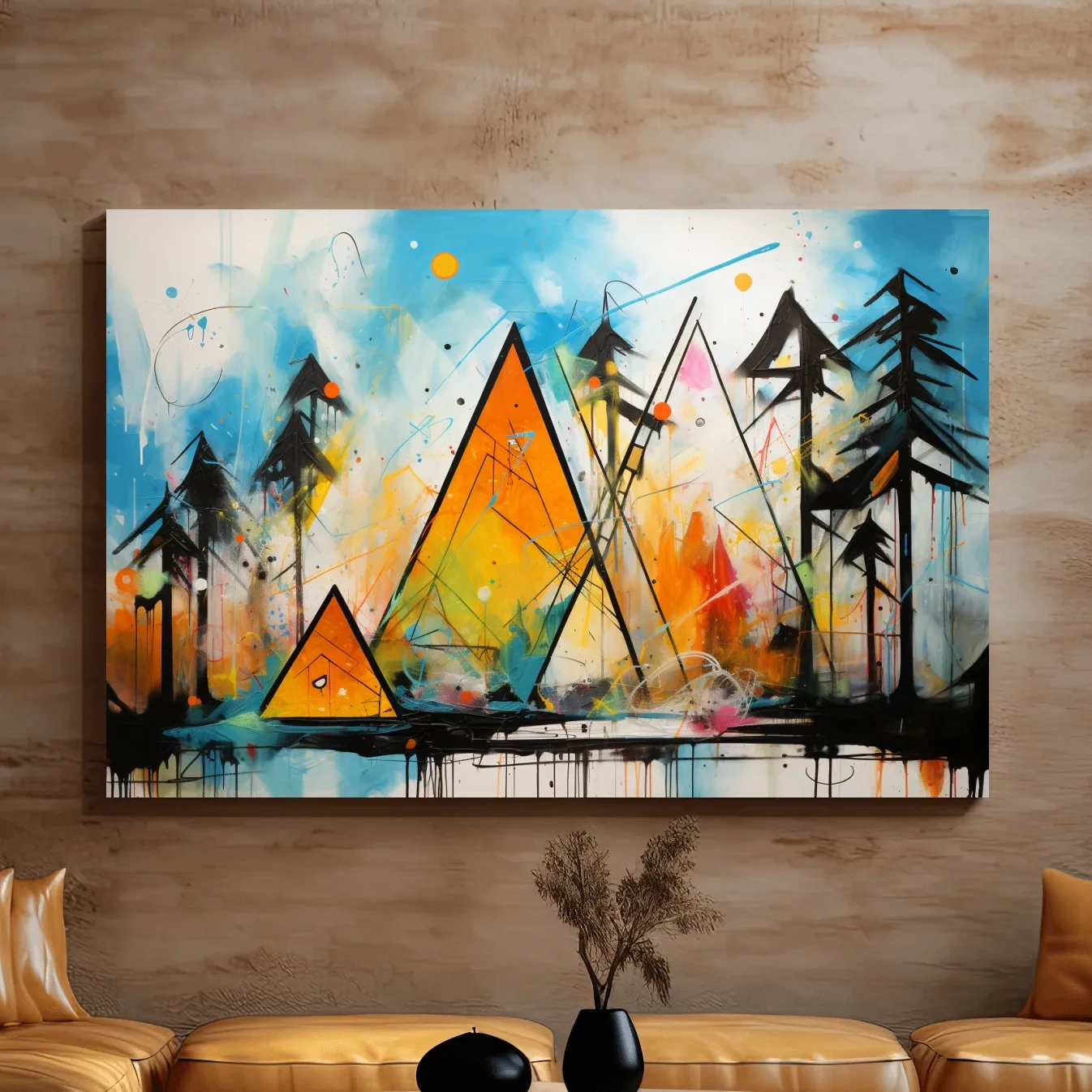 Abstract colourful mountain shapes, triangles forming mountains painting