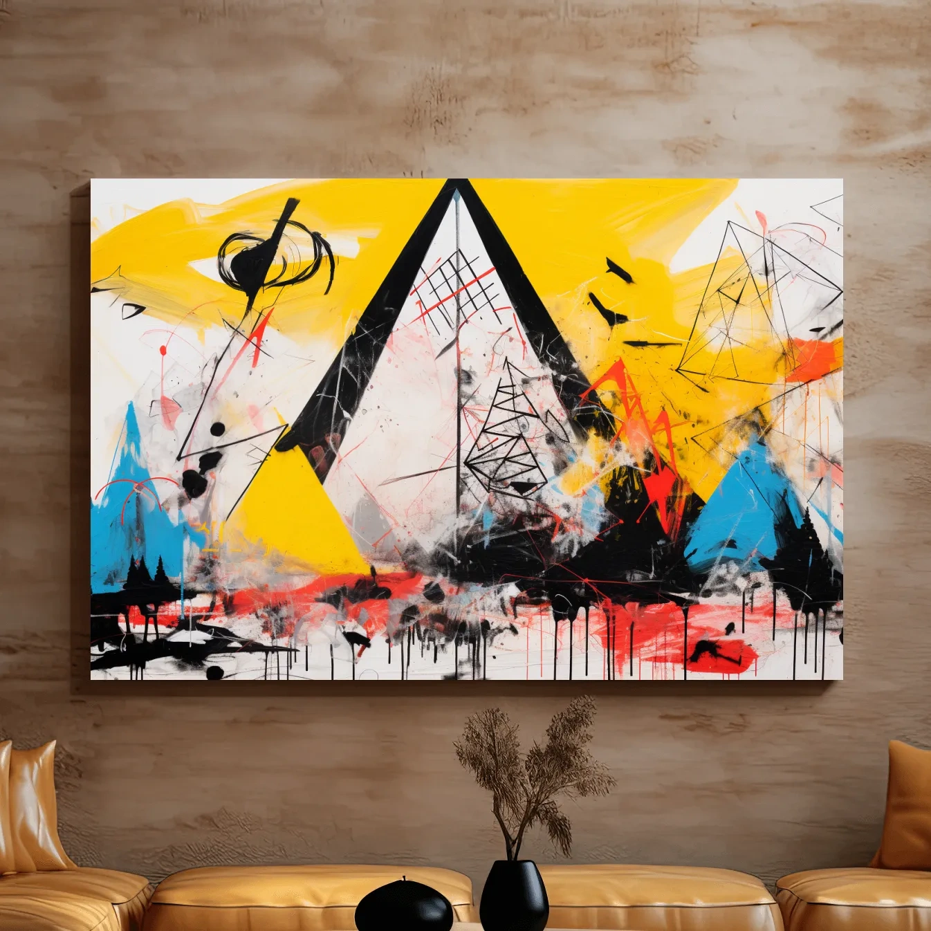 Abstract energetic graffiti style geometric mountain painting