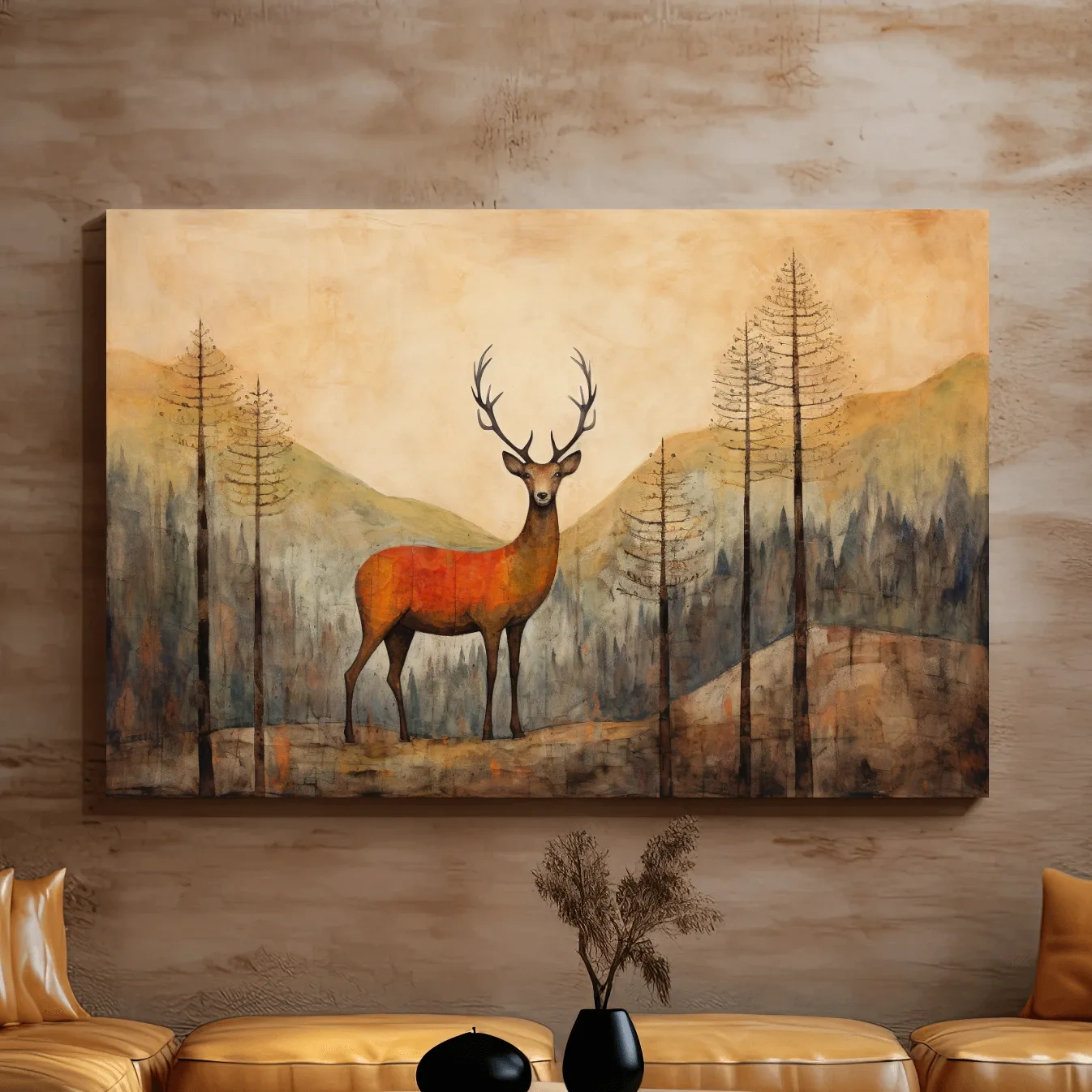 Rustic Woodland Stag Watercolor Painting - Autumn Mountain Forest Wildlife Wall Art