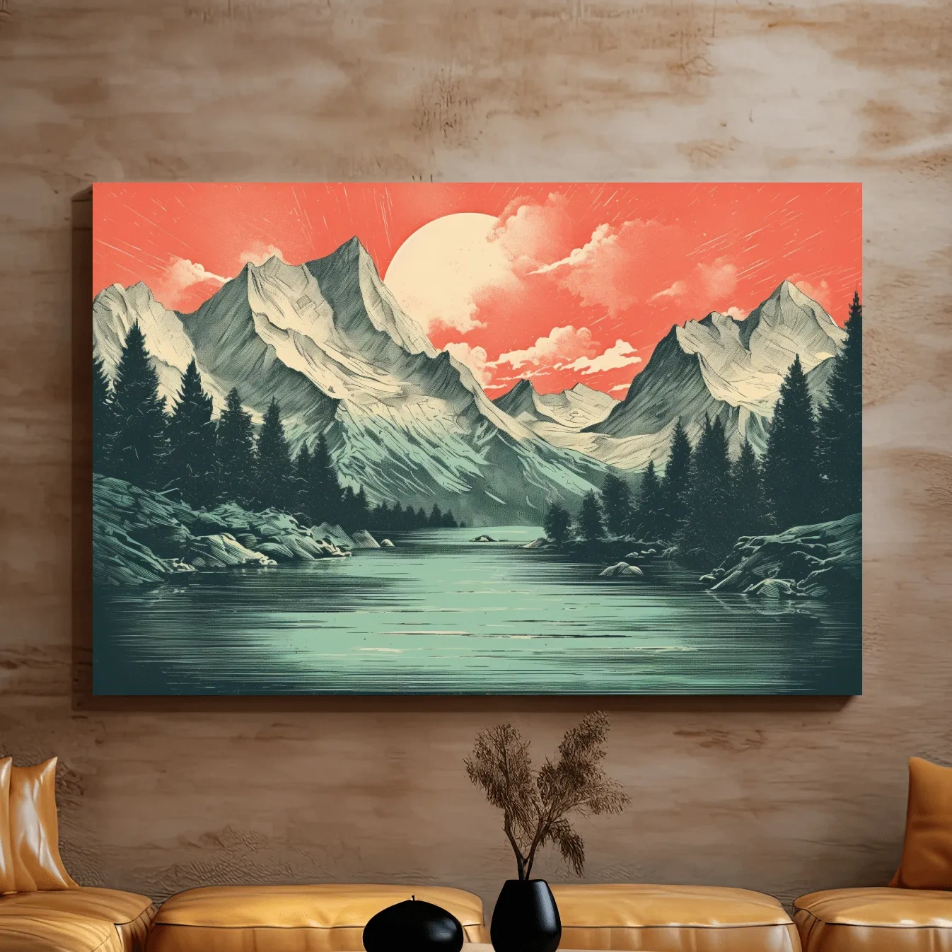 Risograph style illustration of an alpine lake at sunset