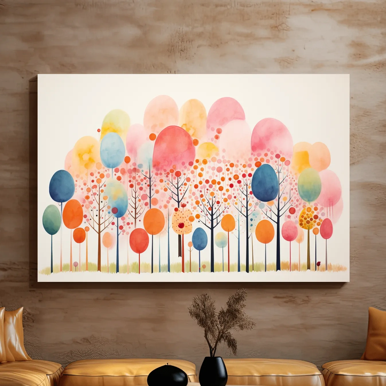 Colorful surreal and whimsical forest painting, pastel colors