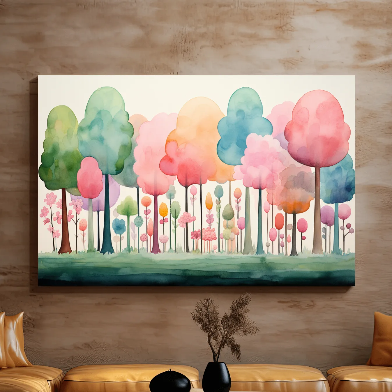 Watercolour painting of a dreamy colourful forest