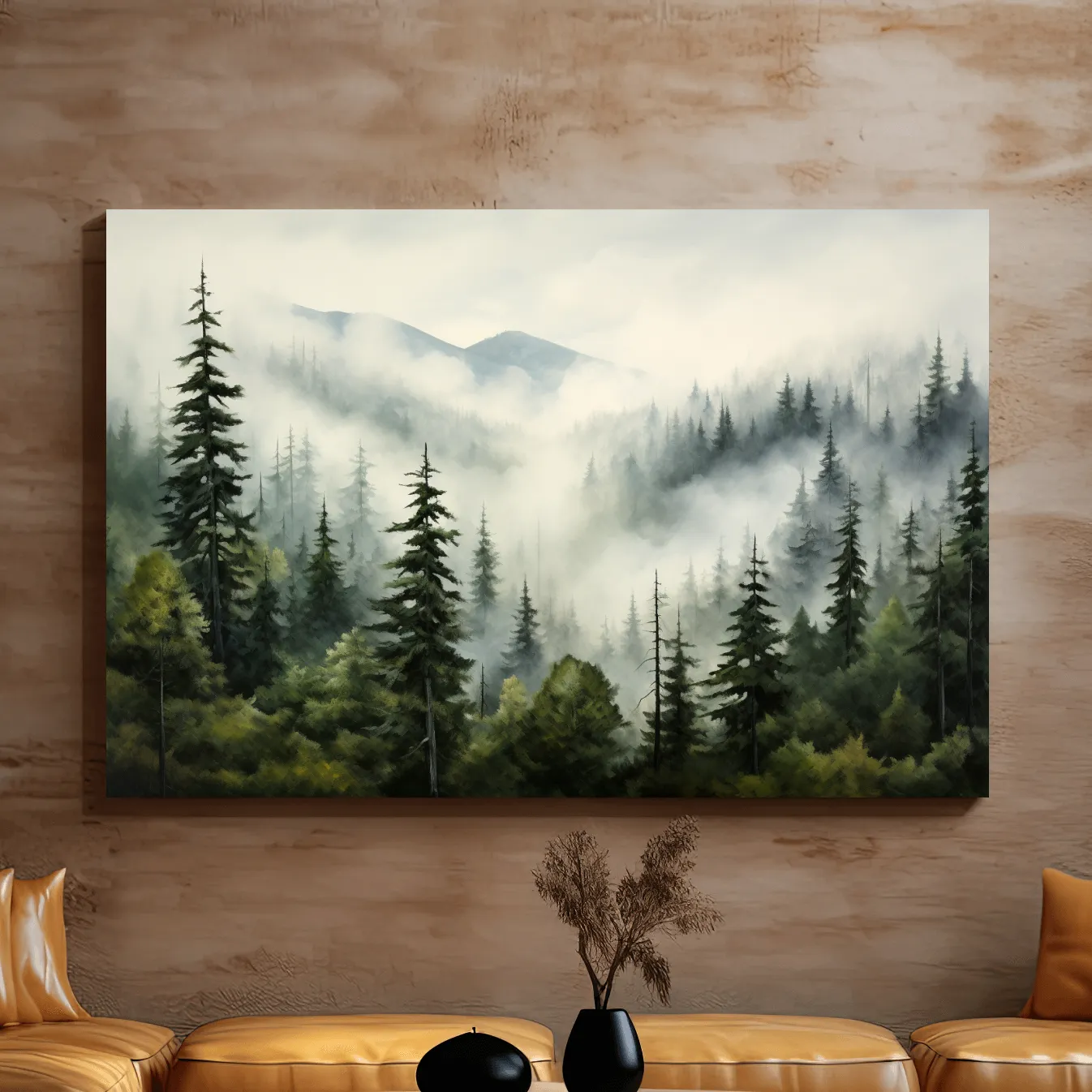 Painting of morning fog rolling through the forest