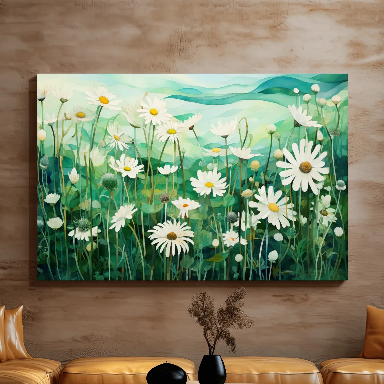 Whimsical Wild Daisy Meadow Landscape - Botanical Watercolor Style Wall Art