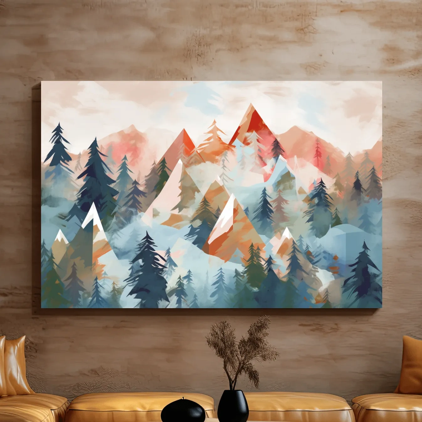 Abstract Watercolor Alpine Mountains And Pine Forest - Modern Geometric Landscape Wall Art
