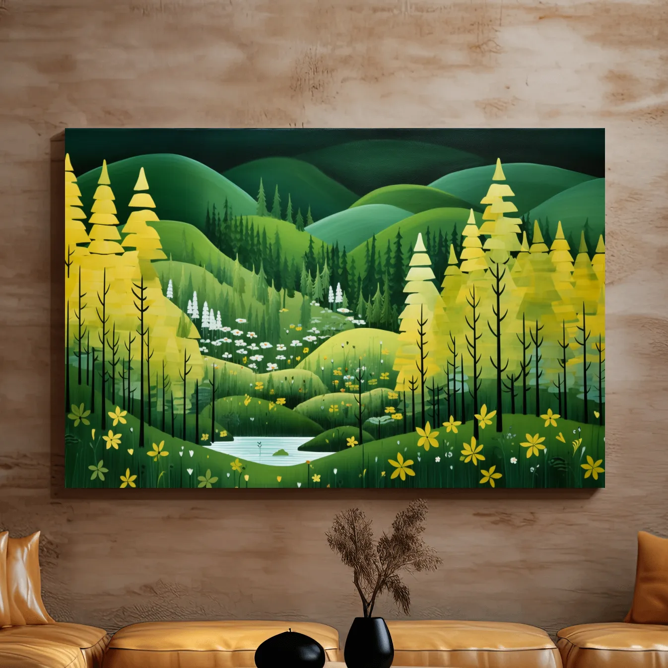 Painting of a pine autumn forest and rolling green hills