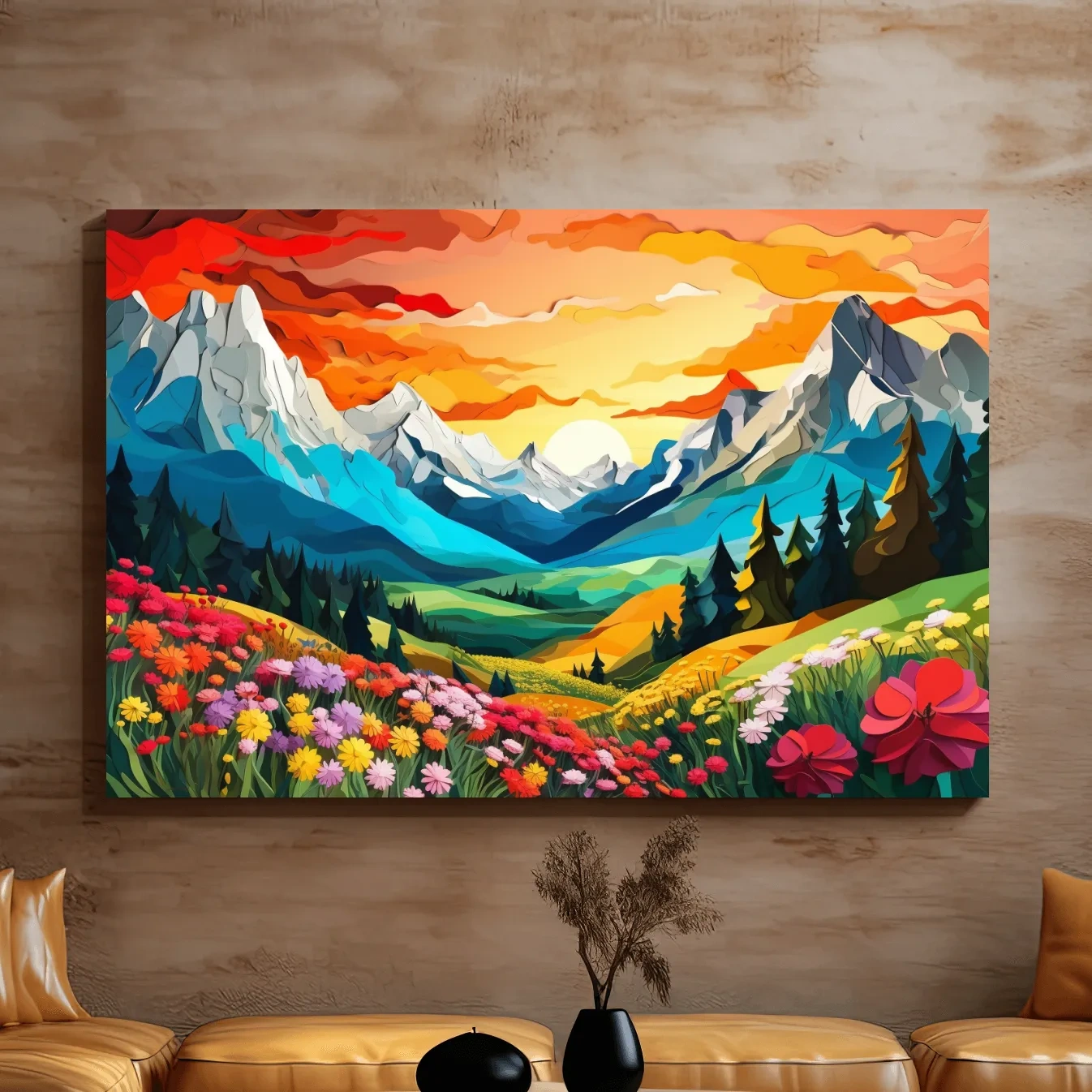 Vibrant paper cutout style art of an alpine meadow at sunset