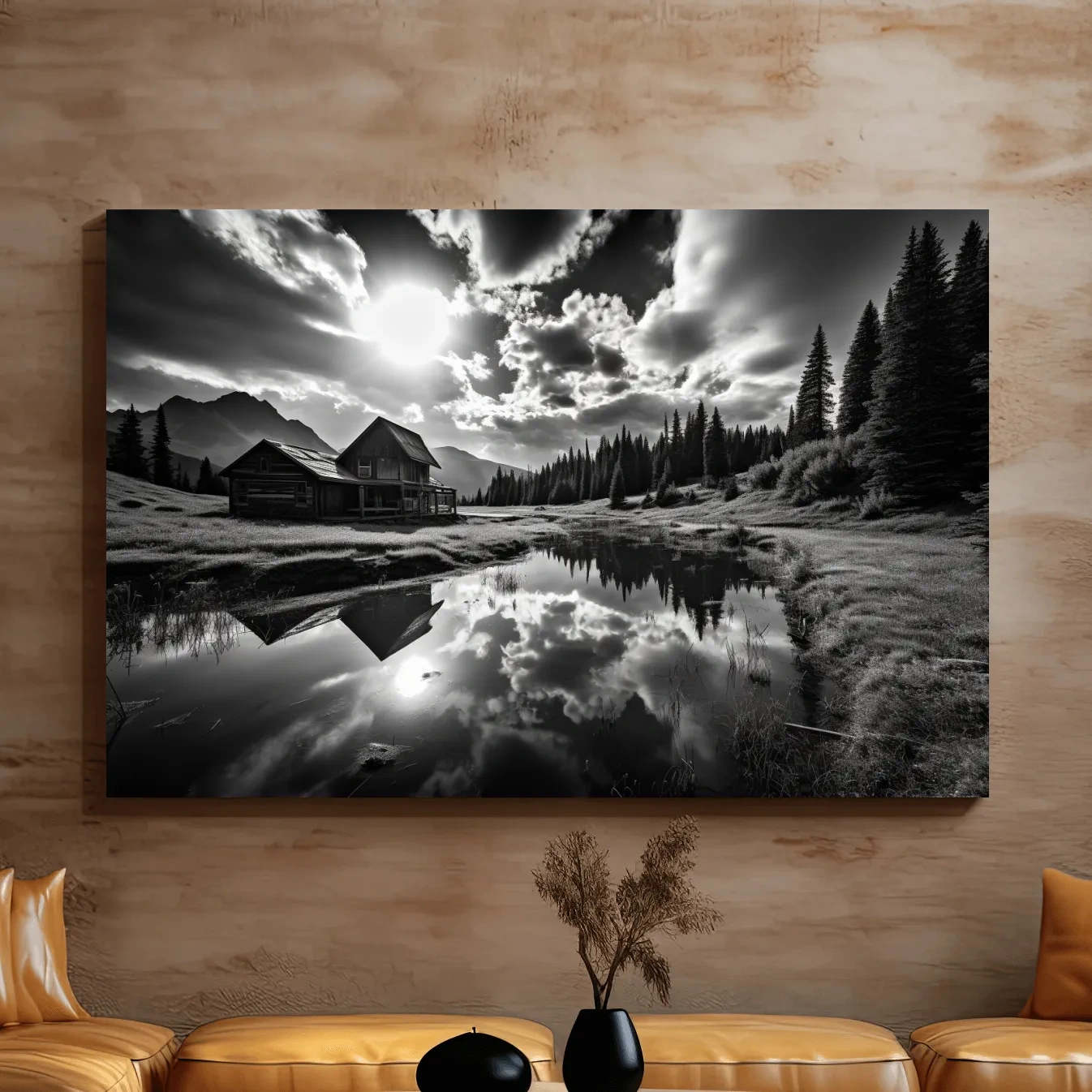 Black and white high contrast photograph of a cabin by the lake