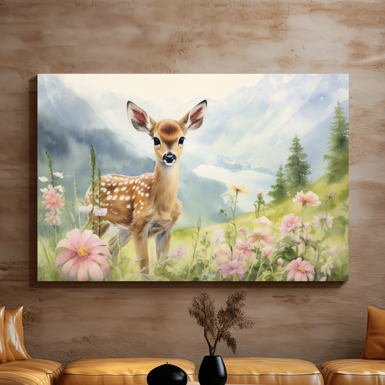 Painting of a deer fawn in the alpine meadows