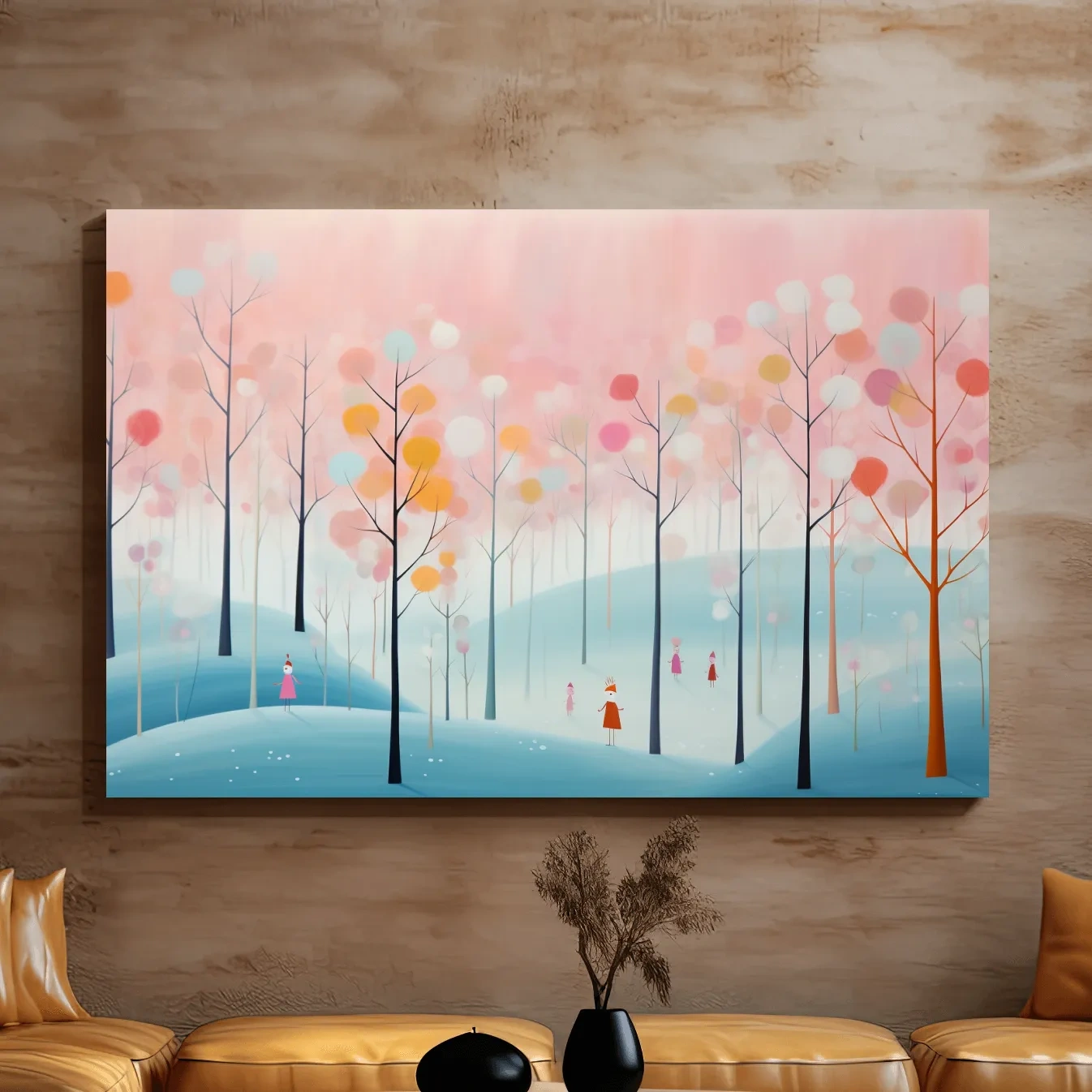 Quirky illustration artwork of a pastel forest