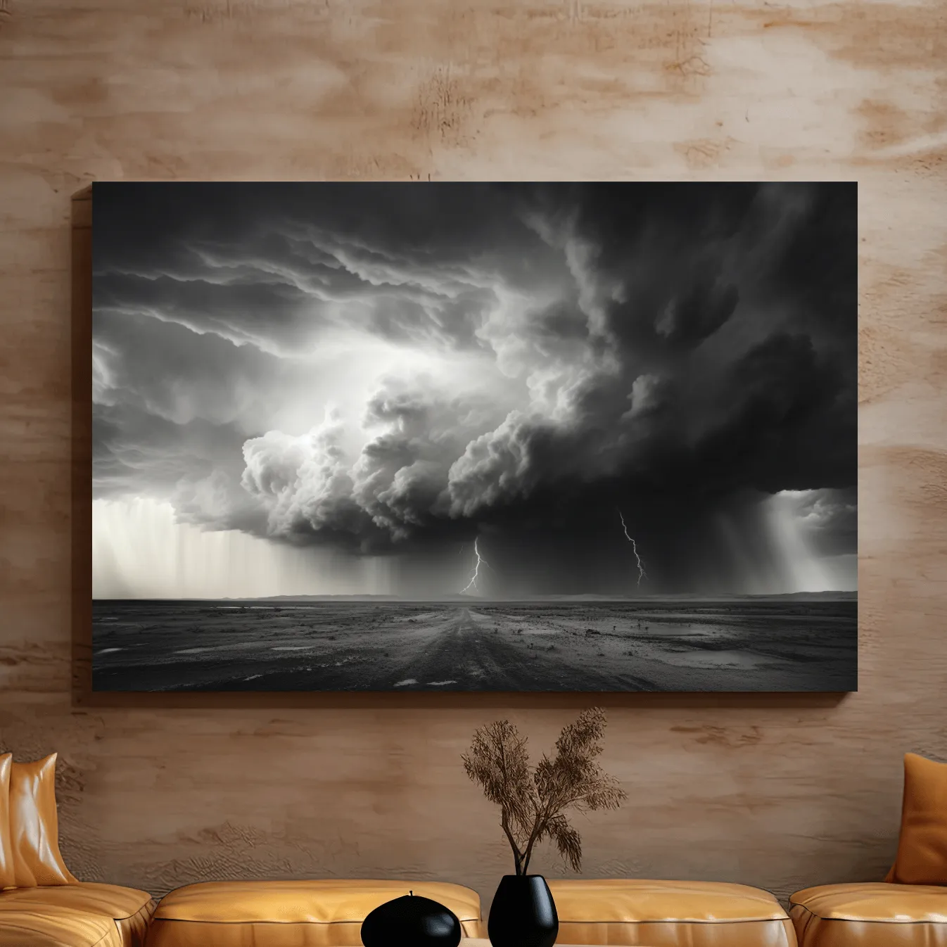 Moody Monochrome Thunderstorm Lightning Landscape - Dramatic Storm Cloud Wall Art