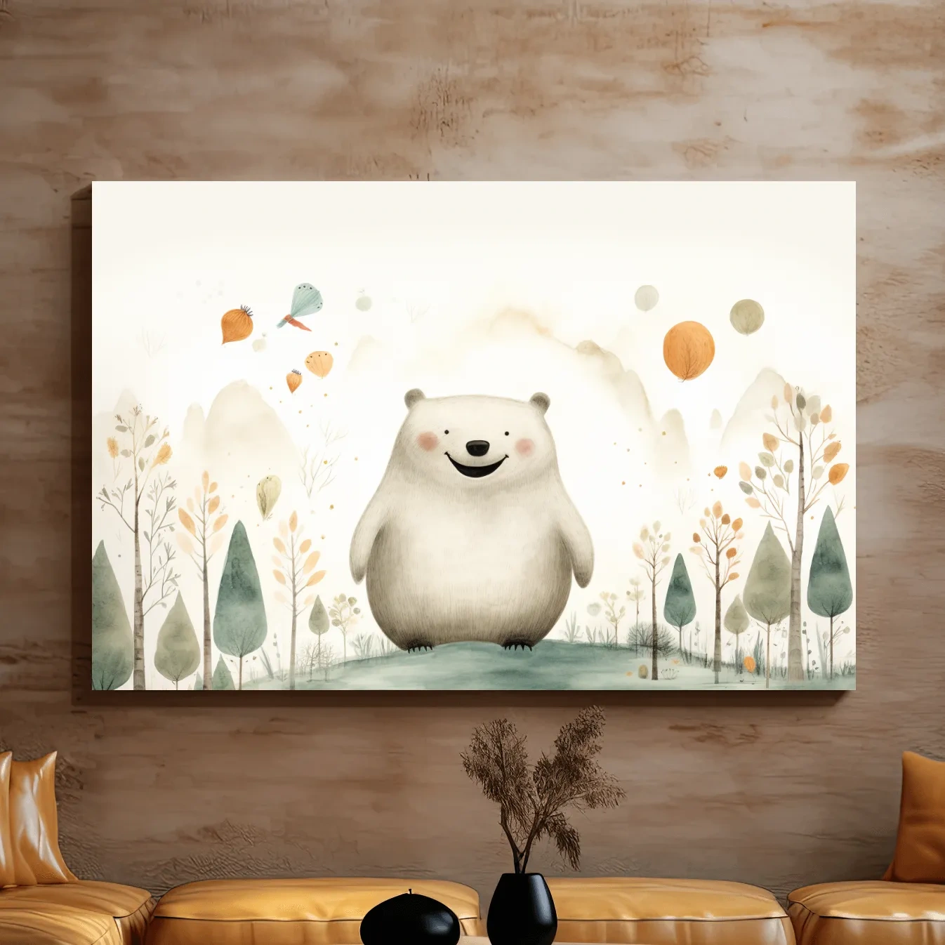 Storybook nursery art, happy bear in the forest