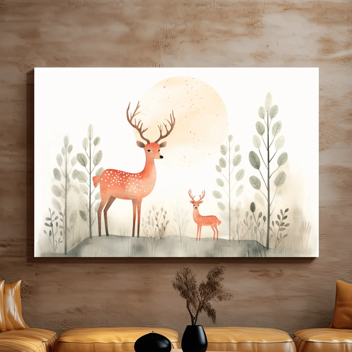 Storybook childrens illustration art, cute deer family in the forest, nursery wall art