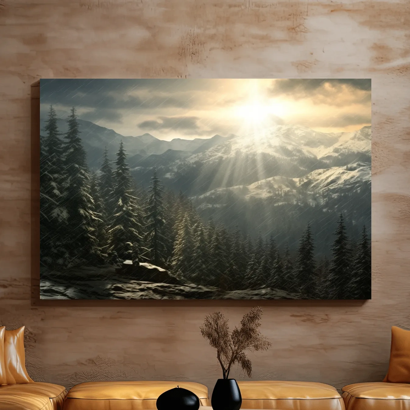 Mountain Snowstorm Sunrise Over Pine Forest - Dramatic Winter Landscape Artwork