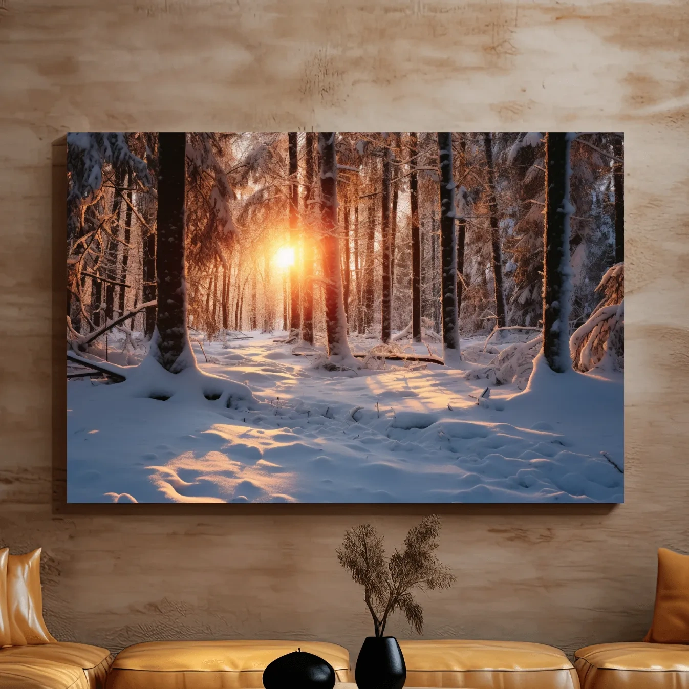 Snow covered forest at sunset, photograph