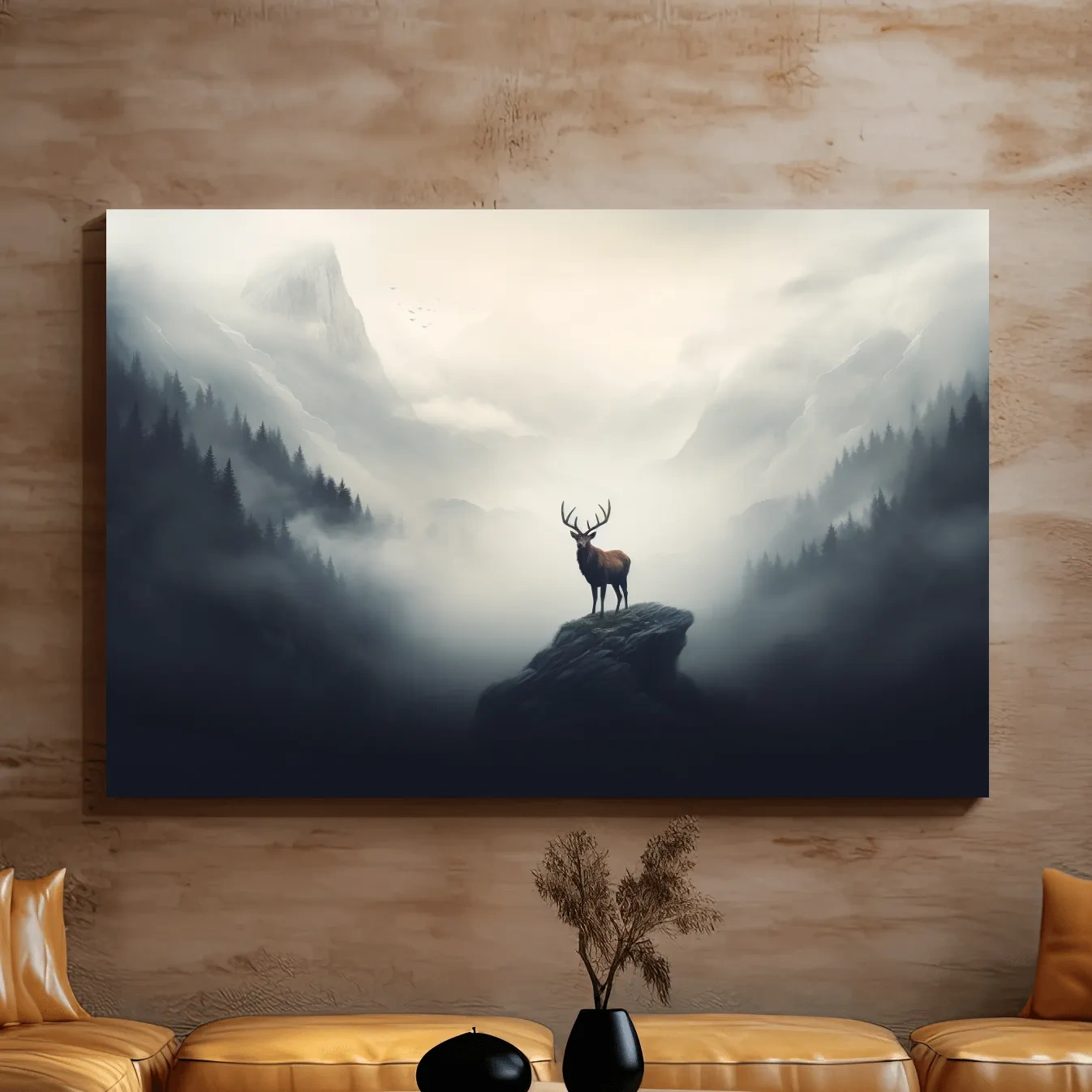 Painting of a majestic deer standing in the fog