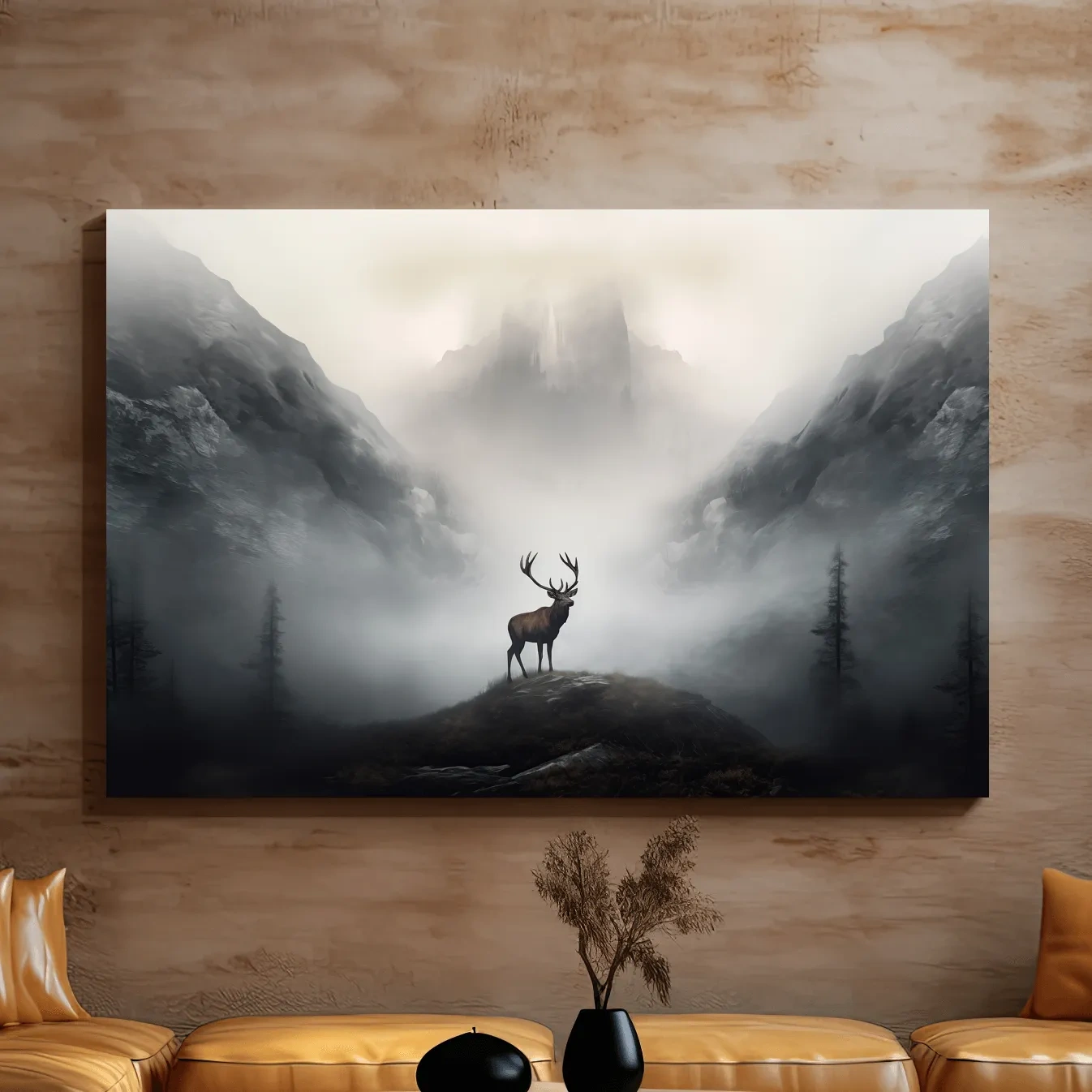 Painting of a majestic deer standing in the fog