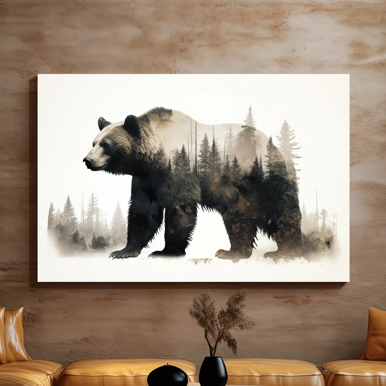 Double exposure artwork, a grizzly bear and a forest