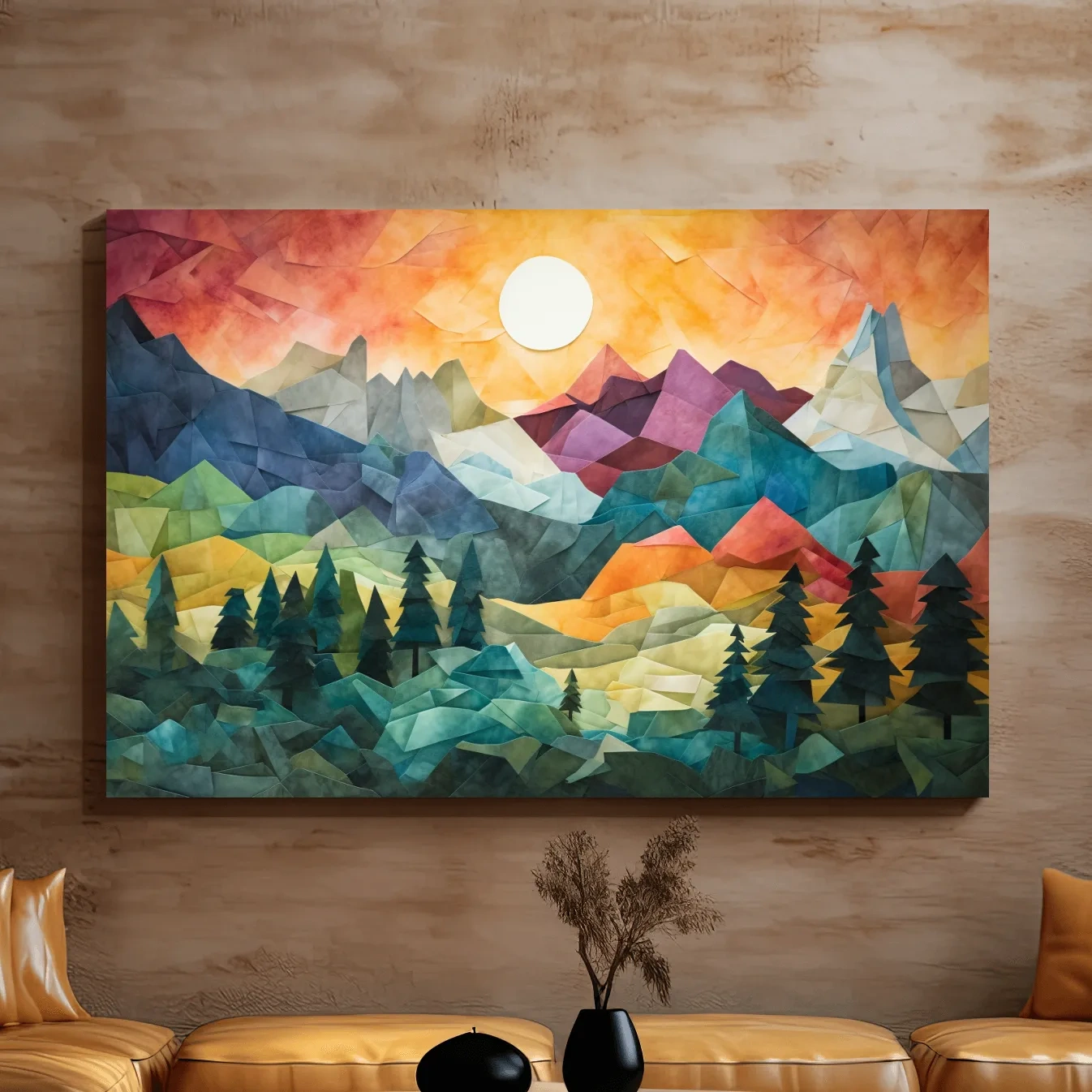 Abstract alpine mountain art at sunset, mixed media patchwork style