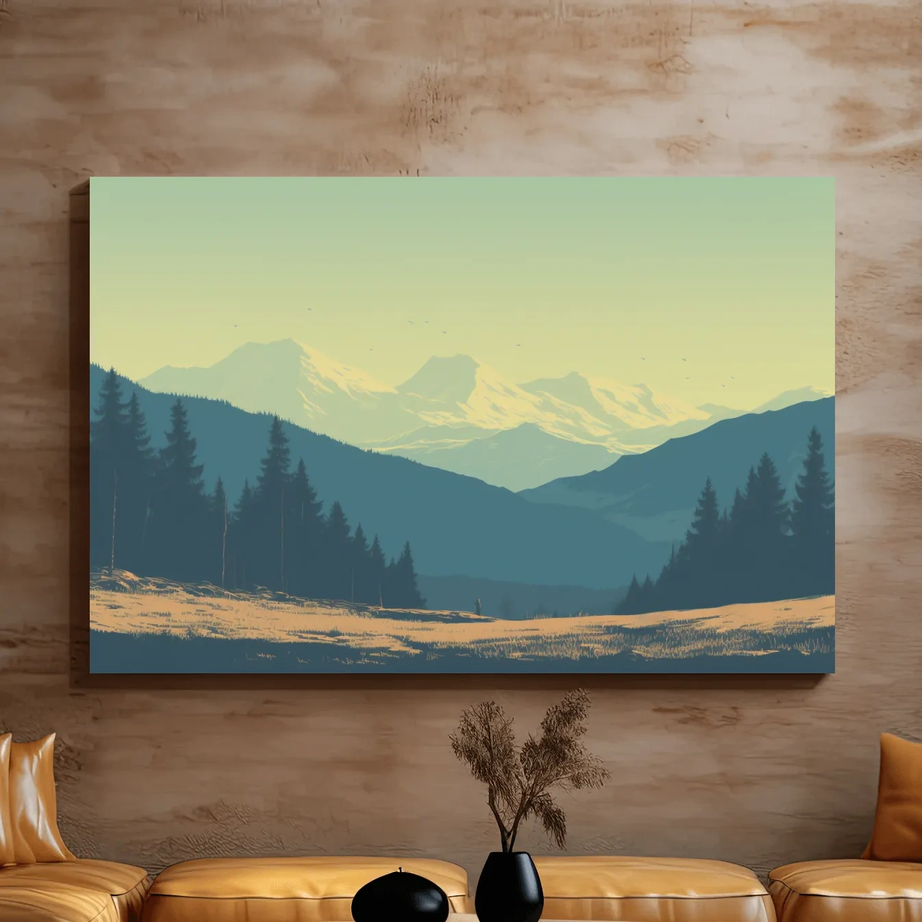 Pacific North West hazy glacier mountain scene, postcard style vector artwork