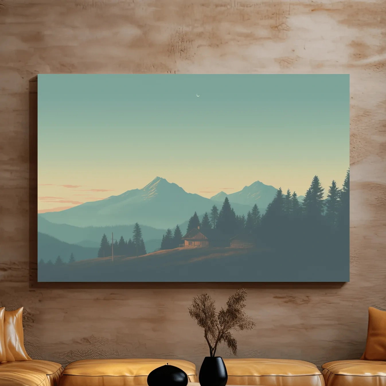Mountain cabin in the hazy dusk, postcard style art