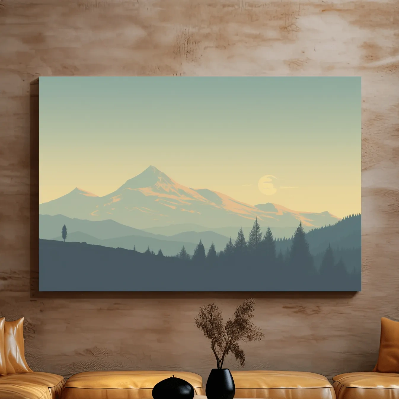 Dusk over the glacier, hazy forest silhouette vector illustration