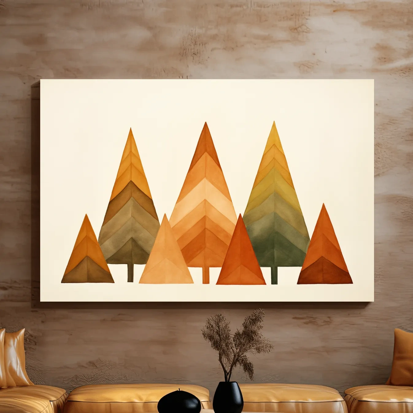 Bohemian style art, minimal forest, triangular trees