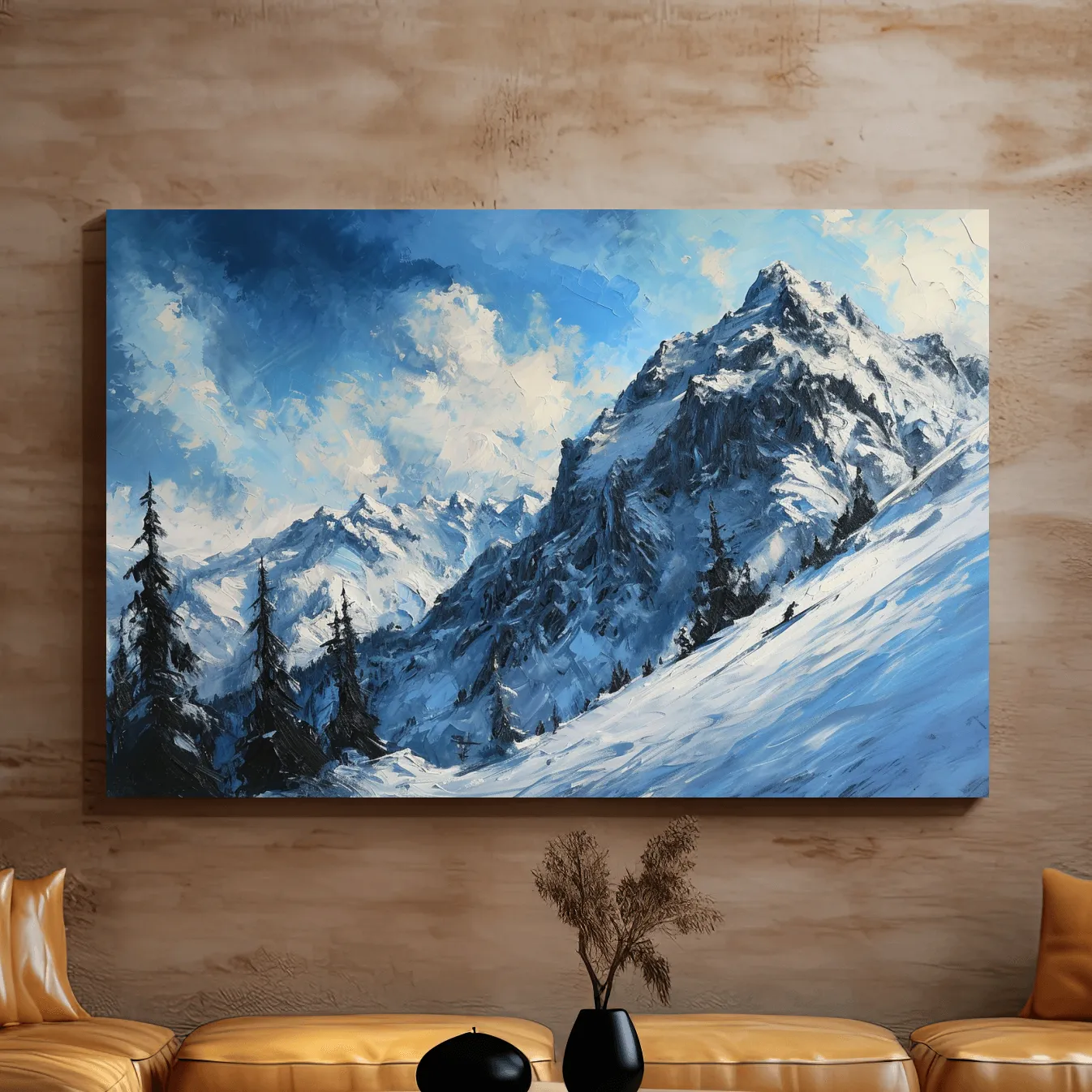 Textured oil painting of alpine snowy mountain