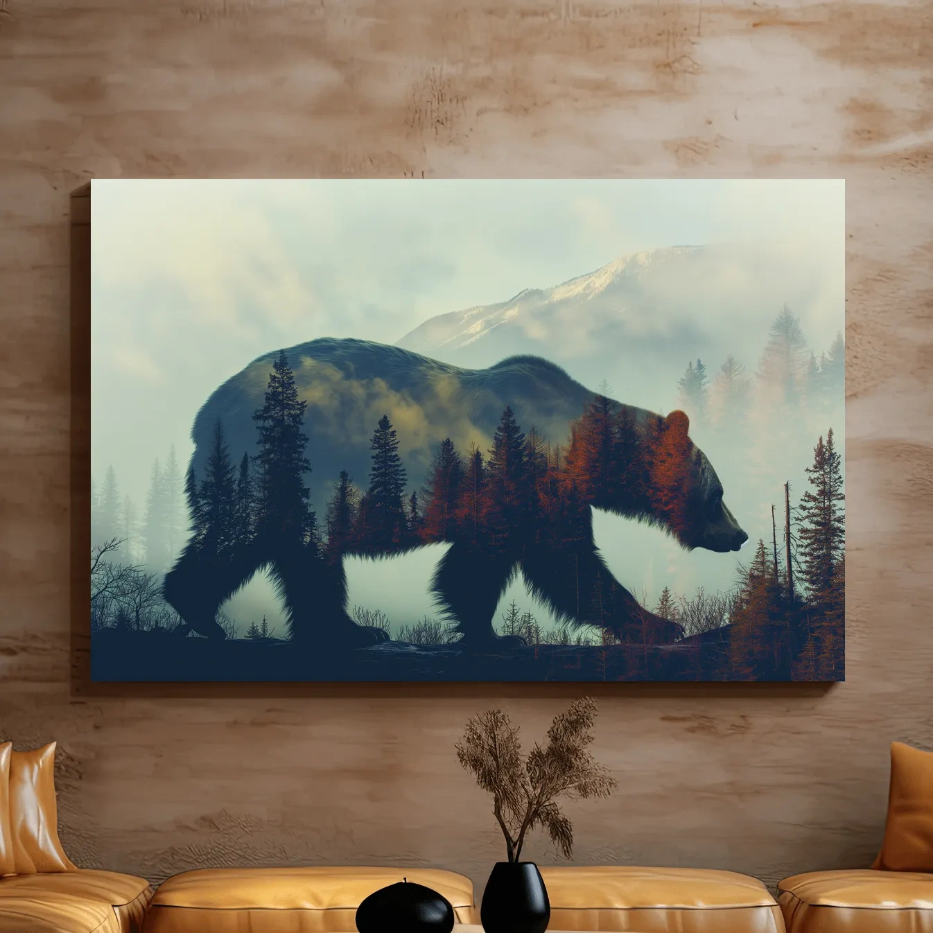 Moody Double Exposure Grizzly Bear Silhouette - Misty Pine Forest Mountain Wall Art