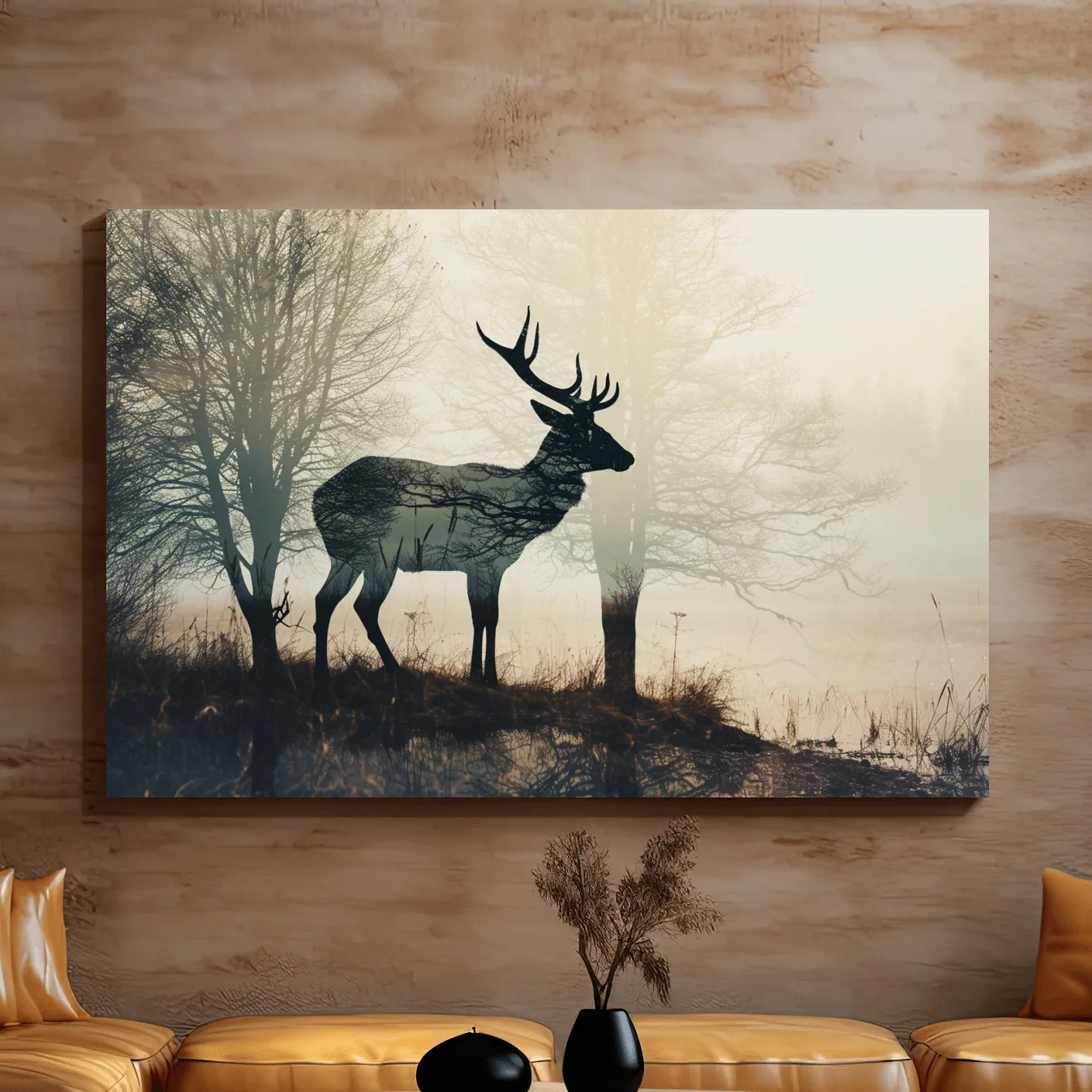 Double exposure photographic artwork of a deer silhouette in the forest
