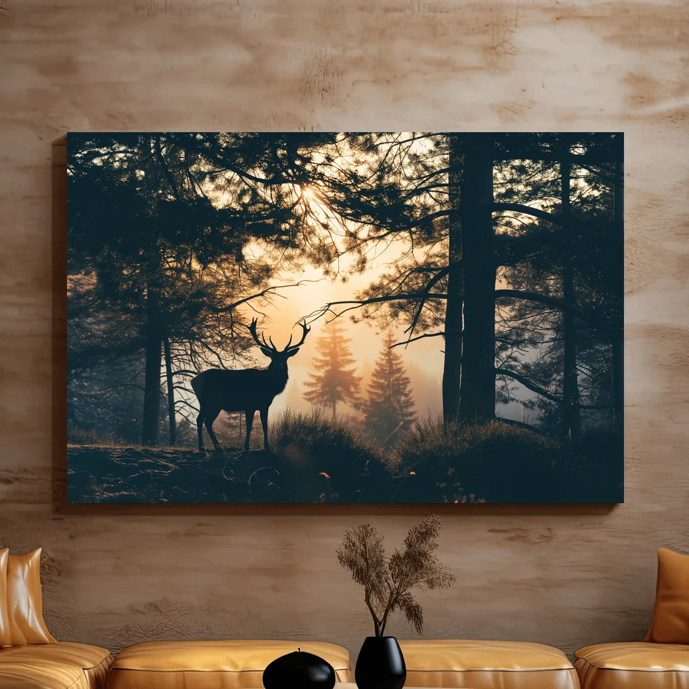 Moody Deer Silhouette In Misty Pine Forest - Golden Sunrise Wildlife Wall Art