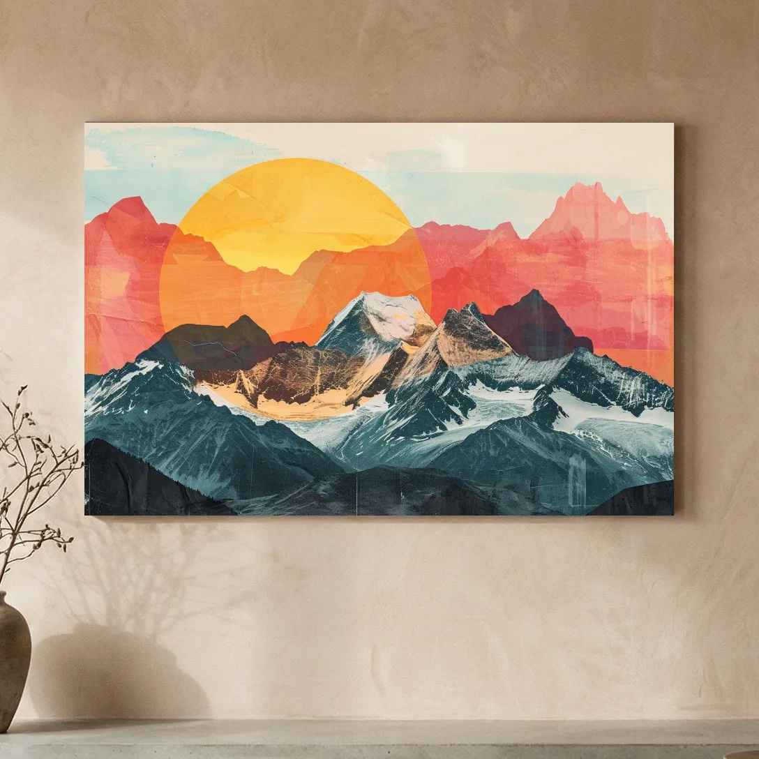 Print collage style abstract mountain artwork
