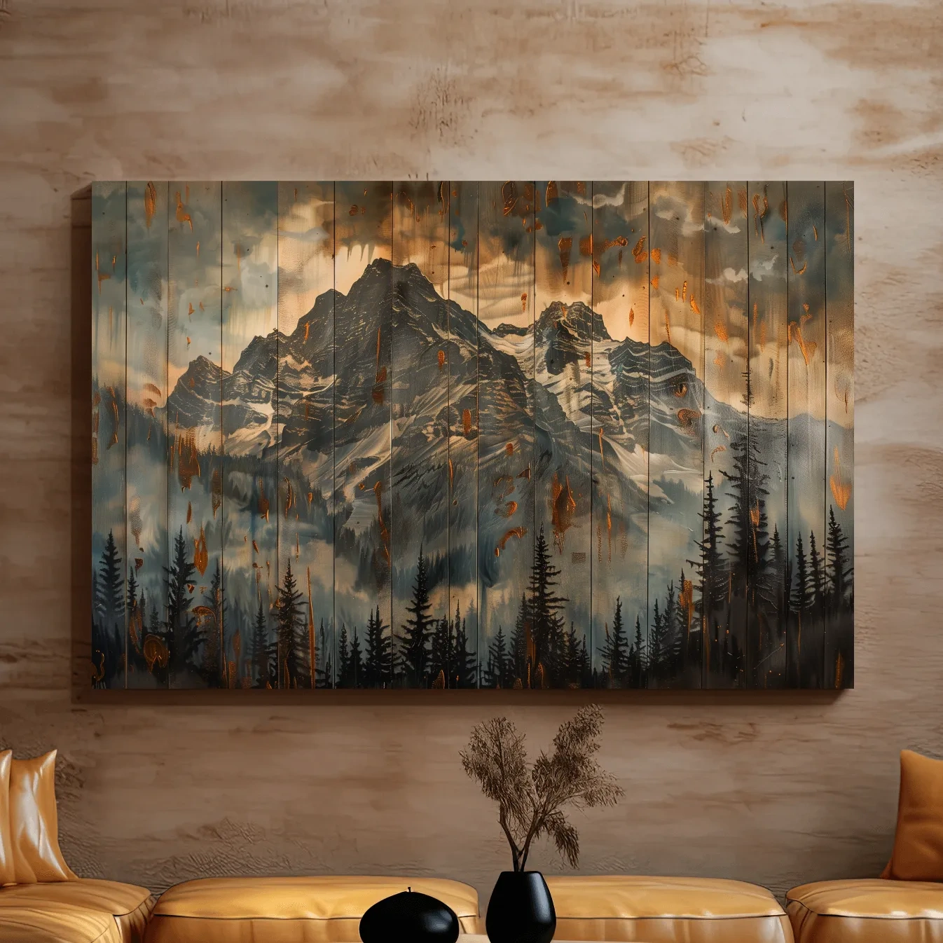 Rustic Mountain Range Painting - Alpine Forest Wood Panel Wall Art