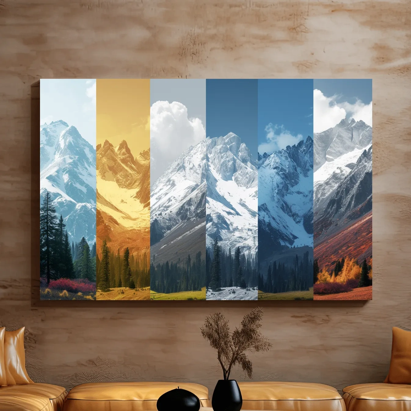 Alpine mountain artwork, forest and glacier, split panel changing of seasons inspired