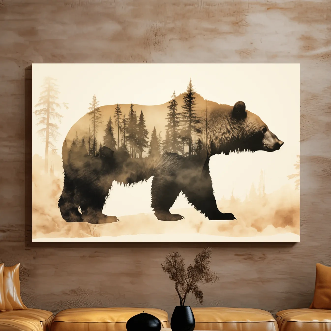 Double exposure vintage style artwork, a grizzly bear and a forest