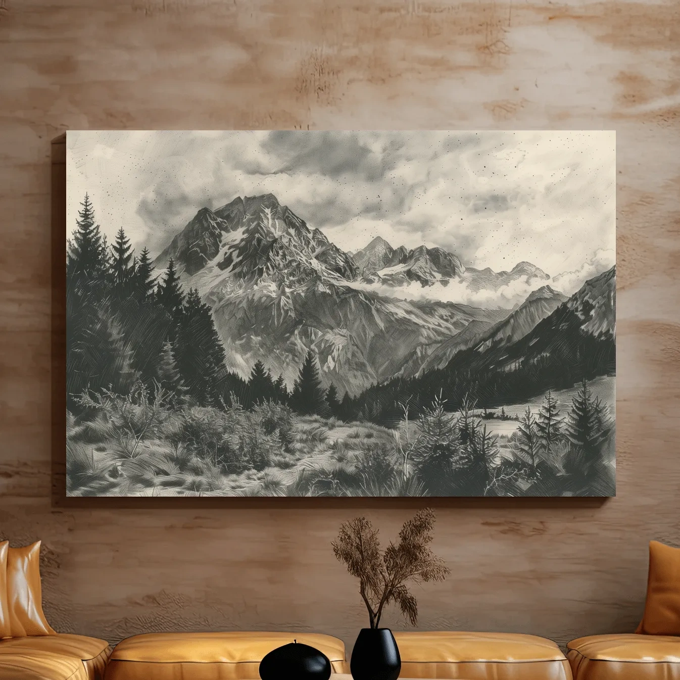 Lead pencil drawing, alpine meadows glacier artwork