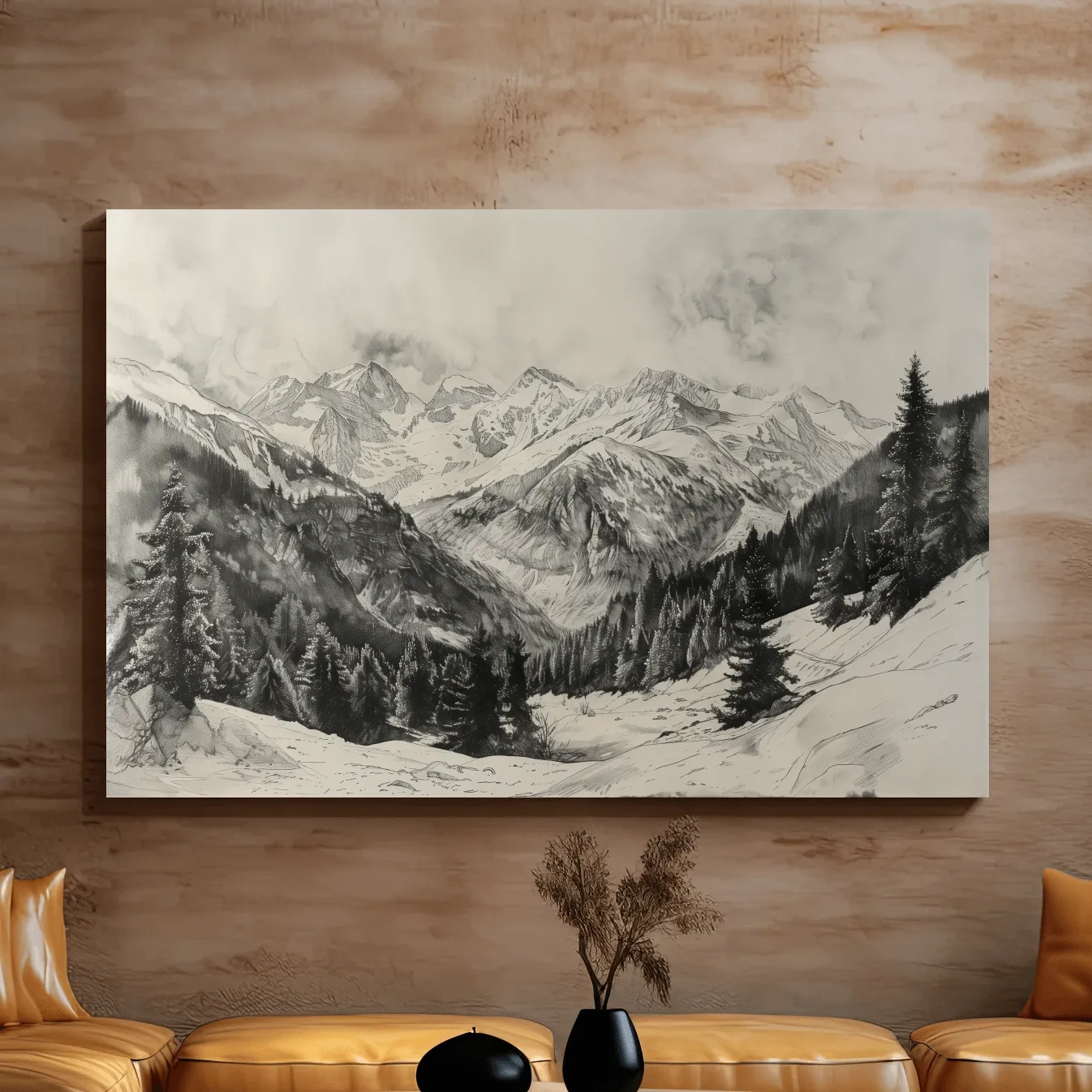 Lead pencil drawing, alpine forest and glacier mountain artwork